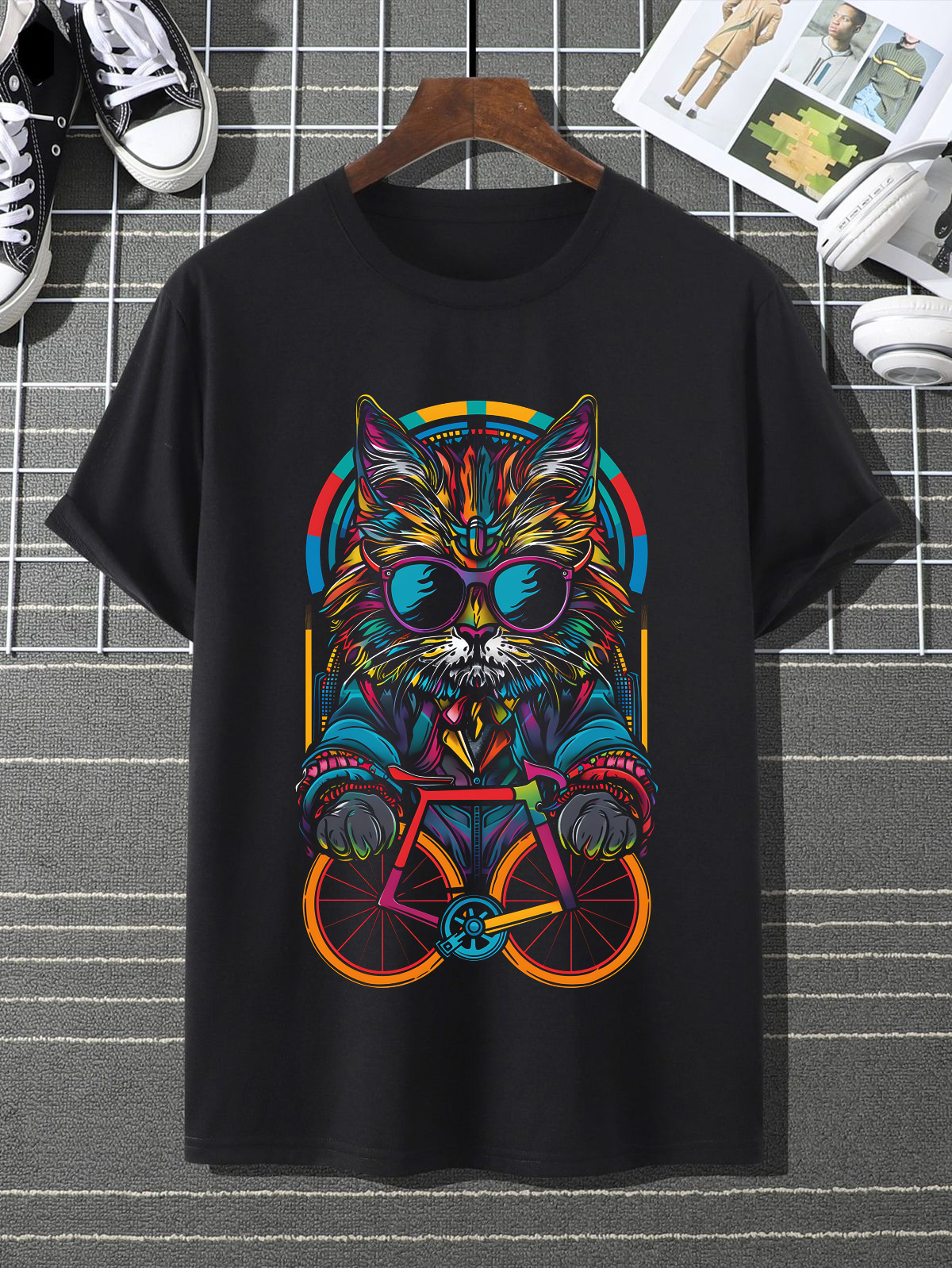 neon cat cyclist art graphic t shirt neon cat cyclist art graphic t shirt