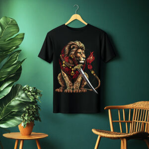 majestic lion warrior sword graphic t shirt – regal animal art unisex tee