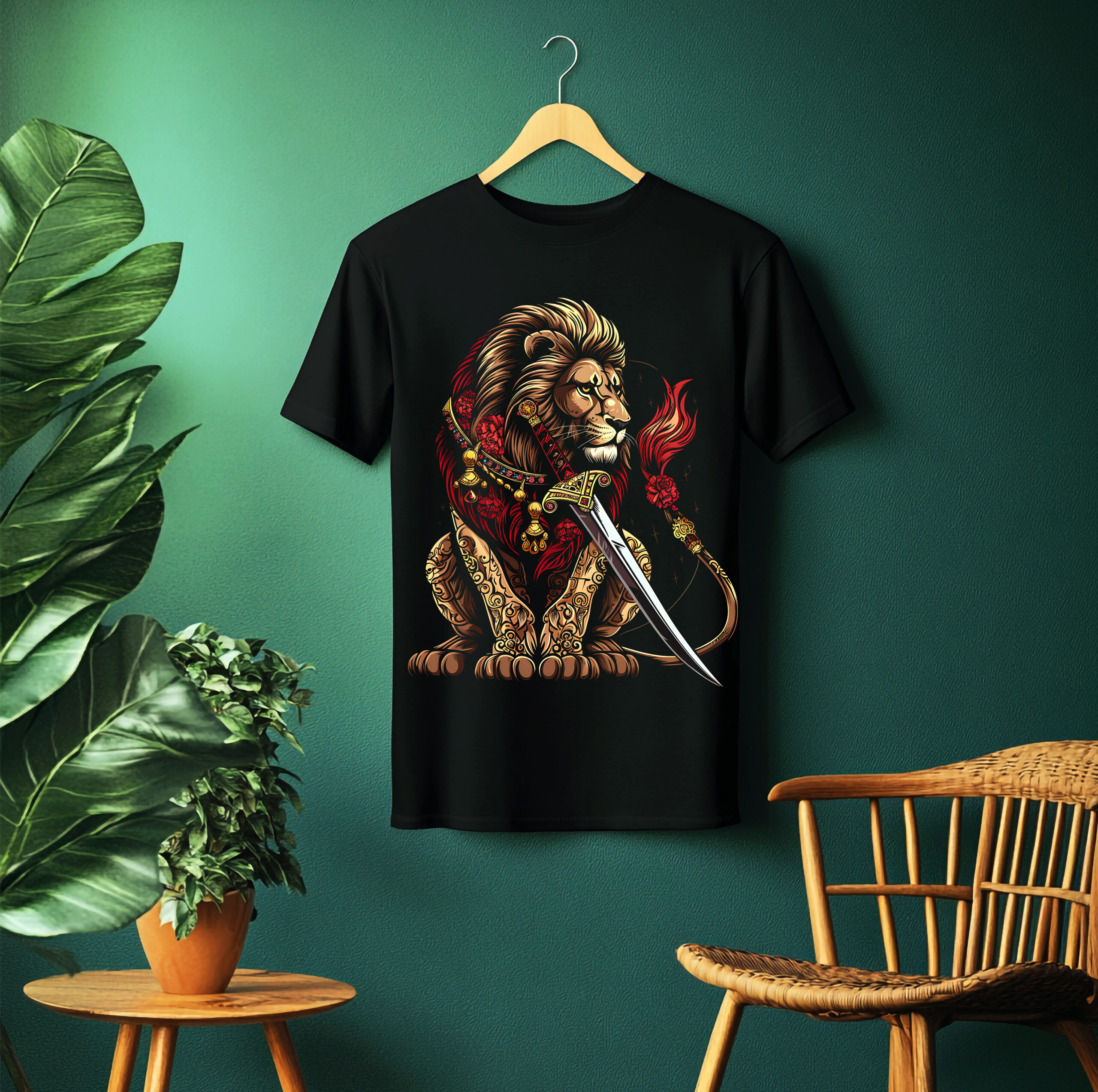 majestic lion warrior sword graphic t shirt – regal animal art unisex tee