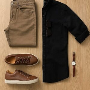 sharp black shirt with khaki chinos & brown loafers – effortless smart casual mastery