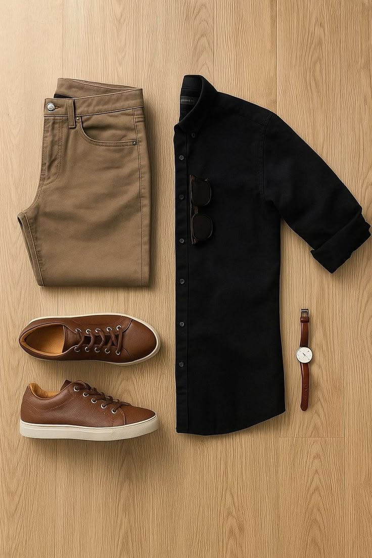 sharp black shirt with khaki chinos & brown loafers – effortless smart casual mastery