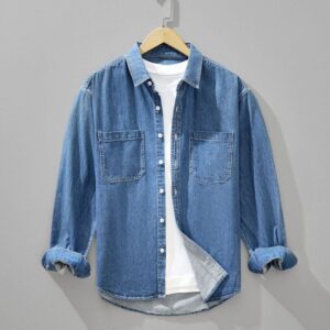 men's light blue denim shirt – full sleeve casual button up overshirt with dual chest pockets