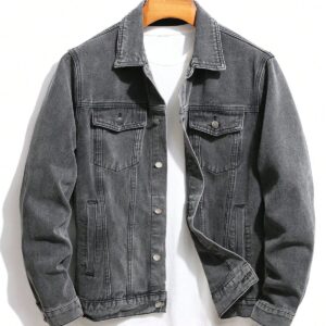 men's charcoal grey washed denim trucker jacket – classic faded casual jacket with chest & side pockets