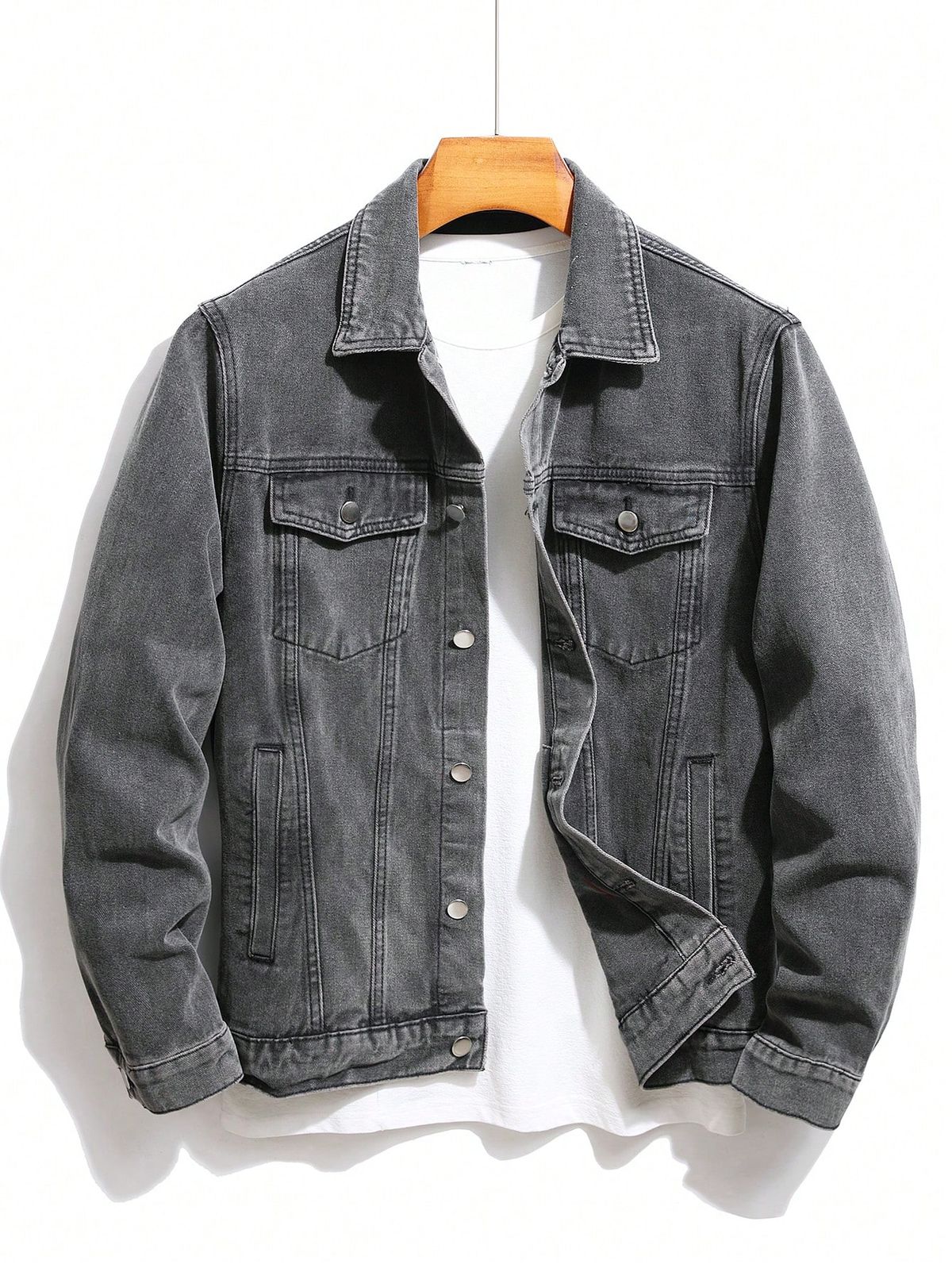 men's charcoal grey washed denim trucker jacket – classic faded casual jacket with chest & side pockets