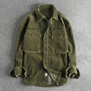 men's olive green corduroy overshirt jacket — military utility shacket
