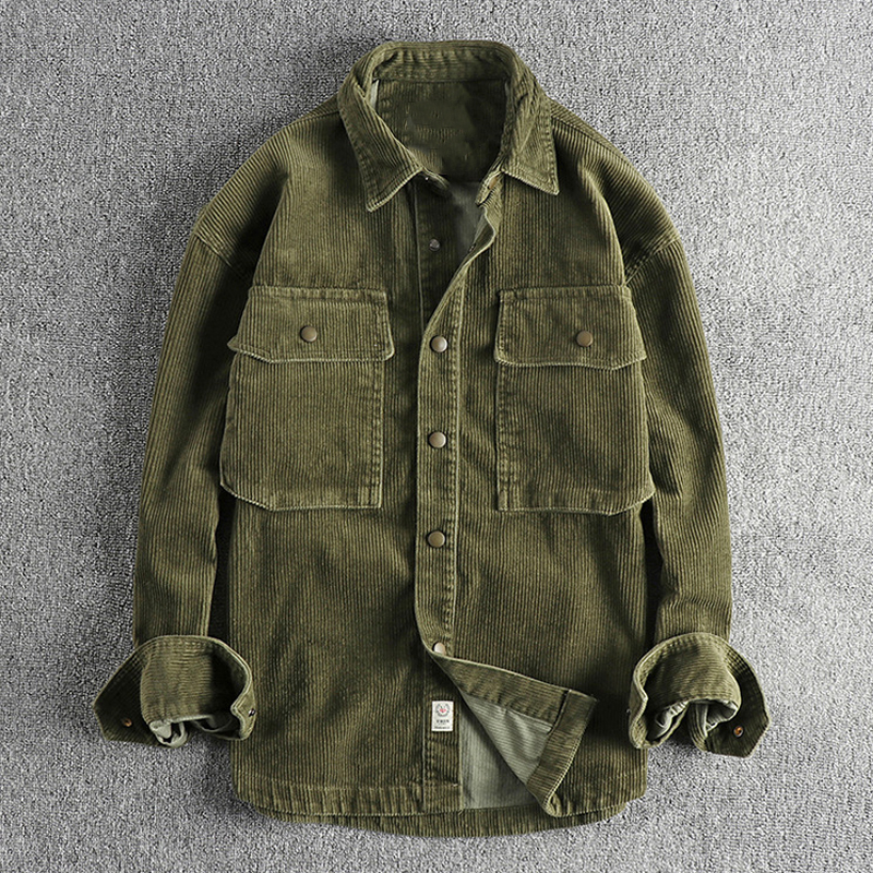 men's olive green corduroy overshirt jacket — military utility shacket