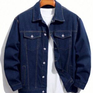 men's raw dark wash denim jacket — deep navy blue