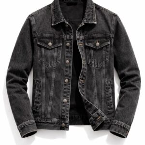men's washed grey black denim trucker jacket – vintage faded casual jacket with chest & side pockets.