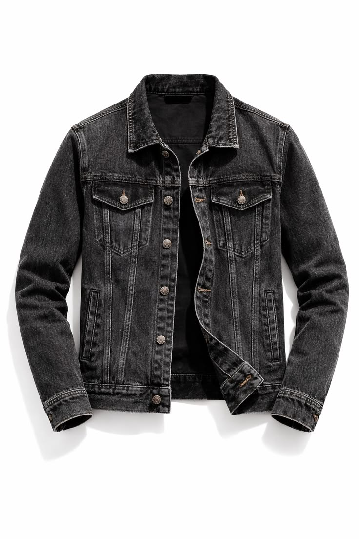 men's washed grey black denim trucker jacket – vintage faded casual jacket with chest & side pockets.